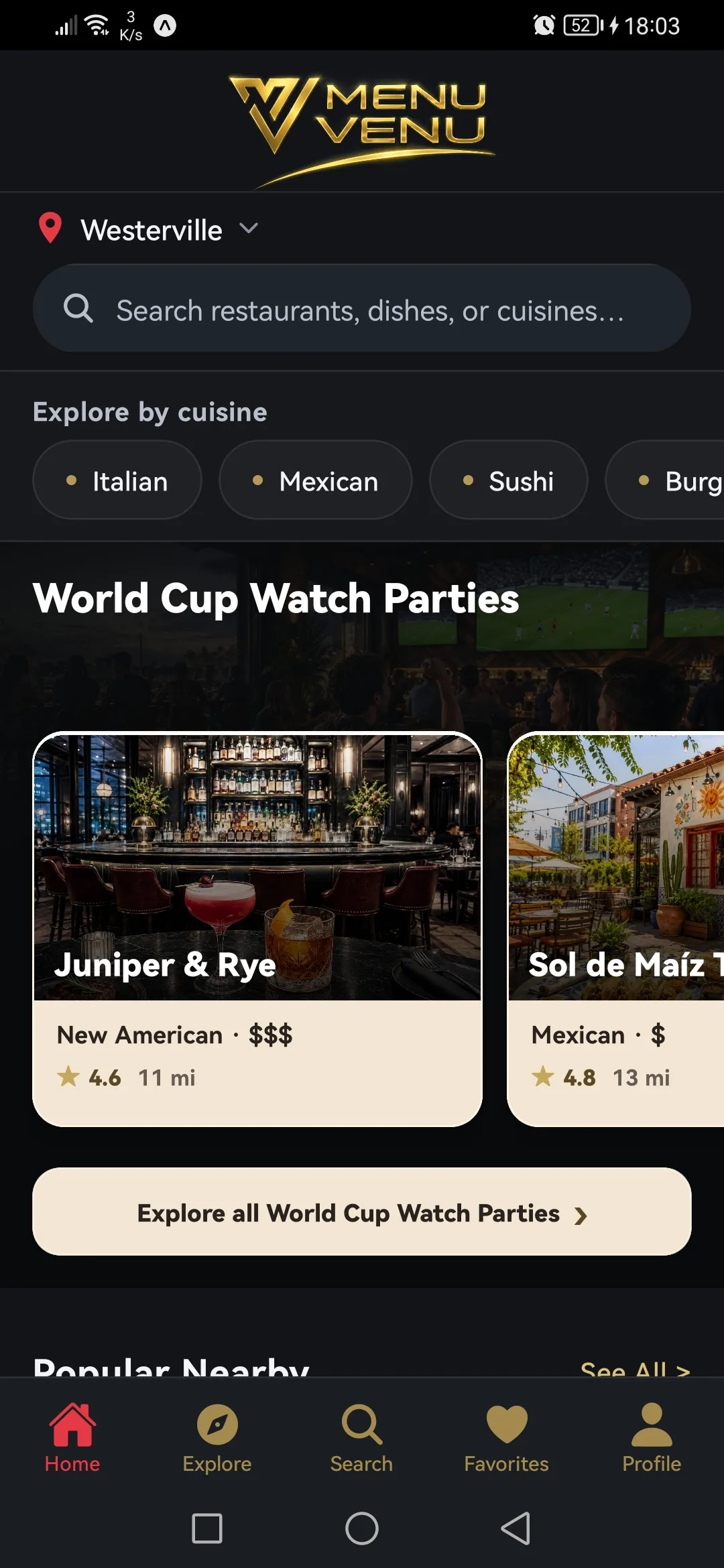 Menu Venu home screen showing local restaurant discovery
