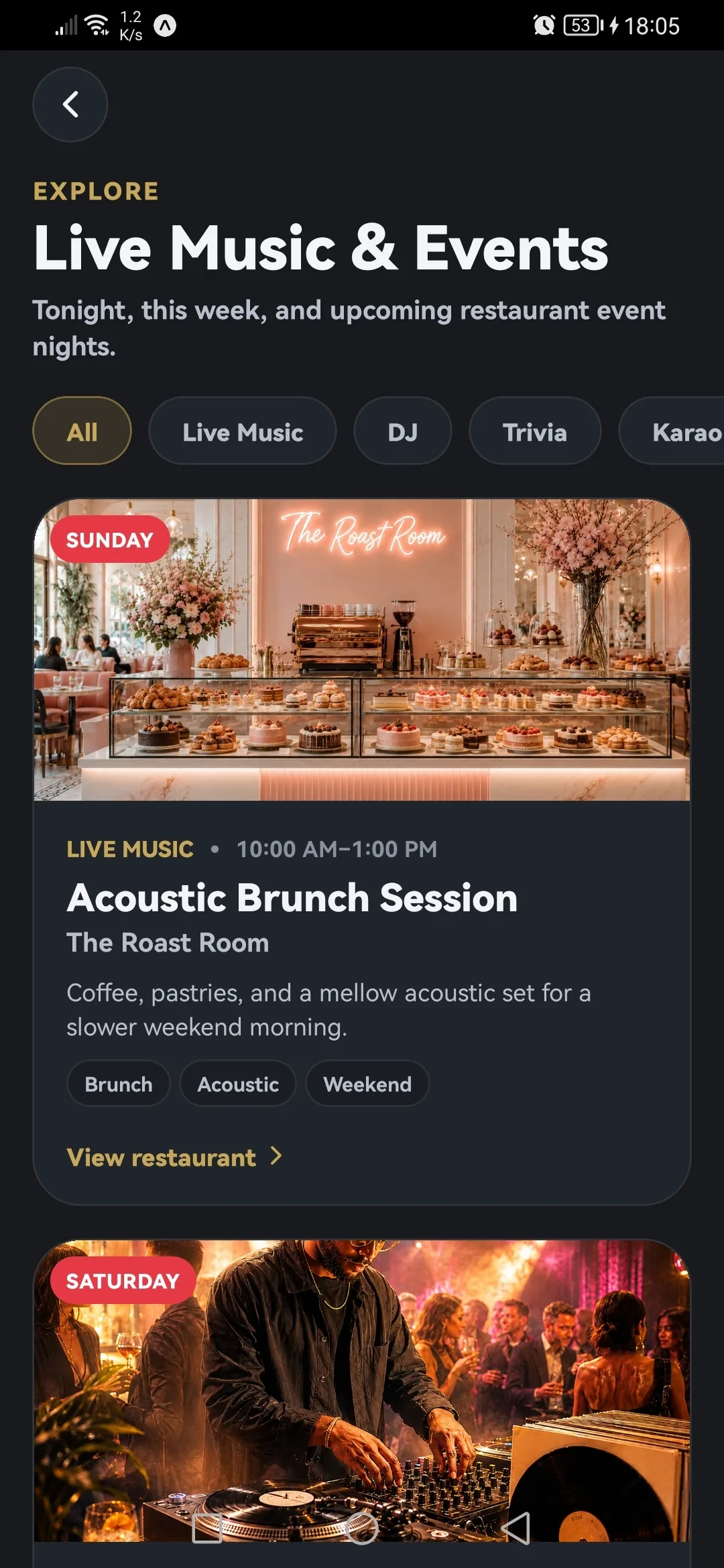 Menu Venu screen showing live music and restaurant events
