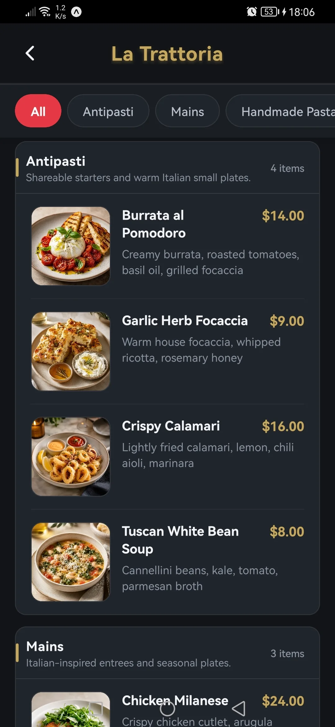 Menu & Dishes shown in the Menu Venu consumer app