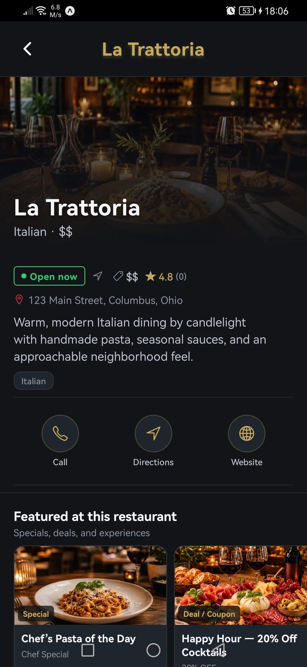 Menu Venu restaurant profile bringing restaurant information together