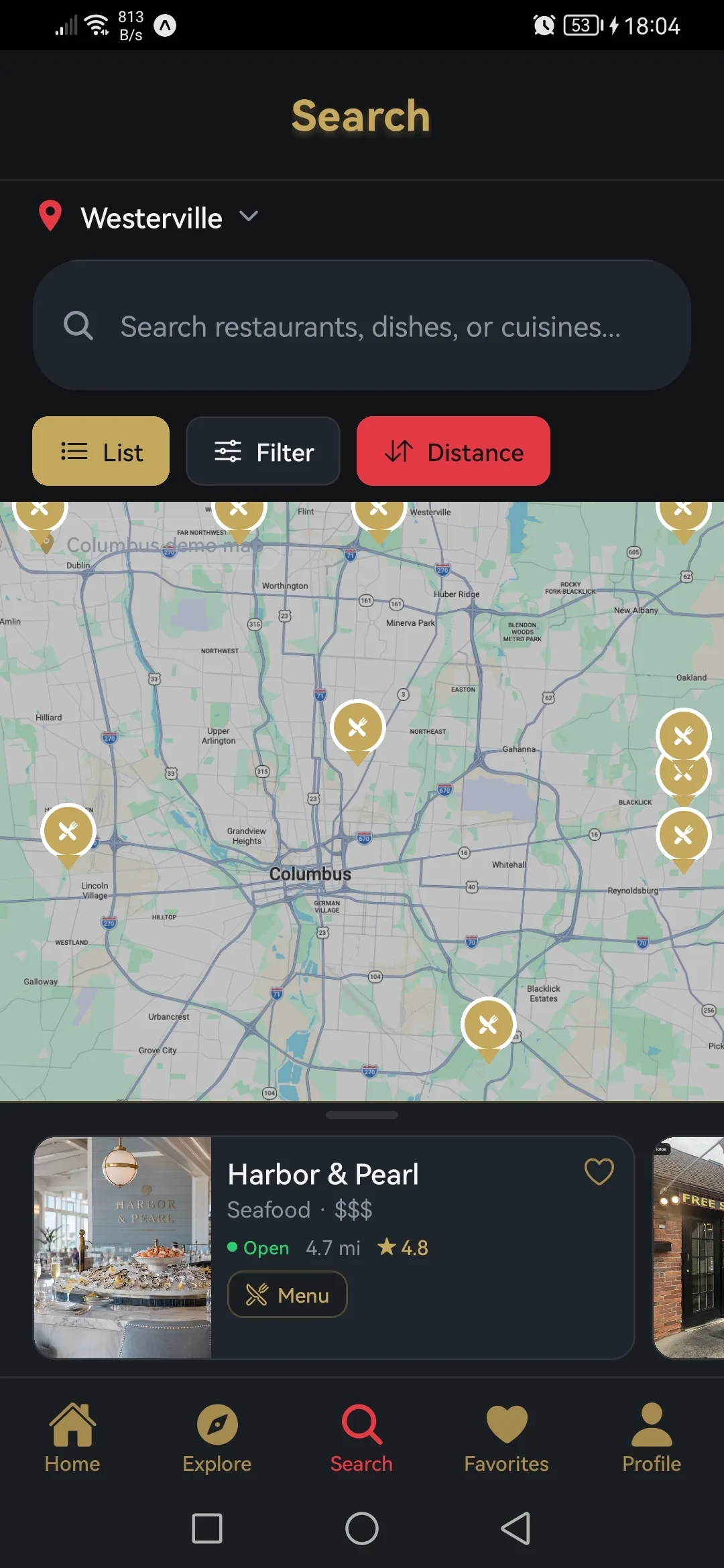 Menu Venu map showing nearby restaurant discovery