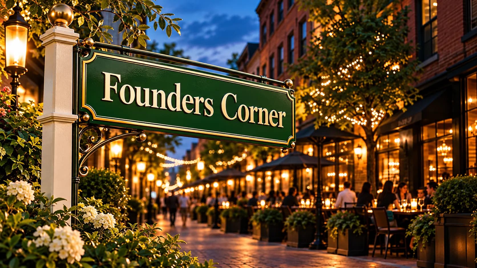 Founders Corner sign overlooking a lively restaurant street at dusk