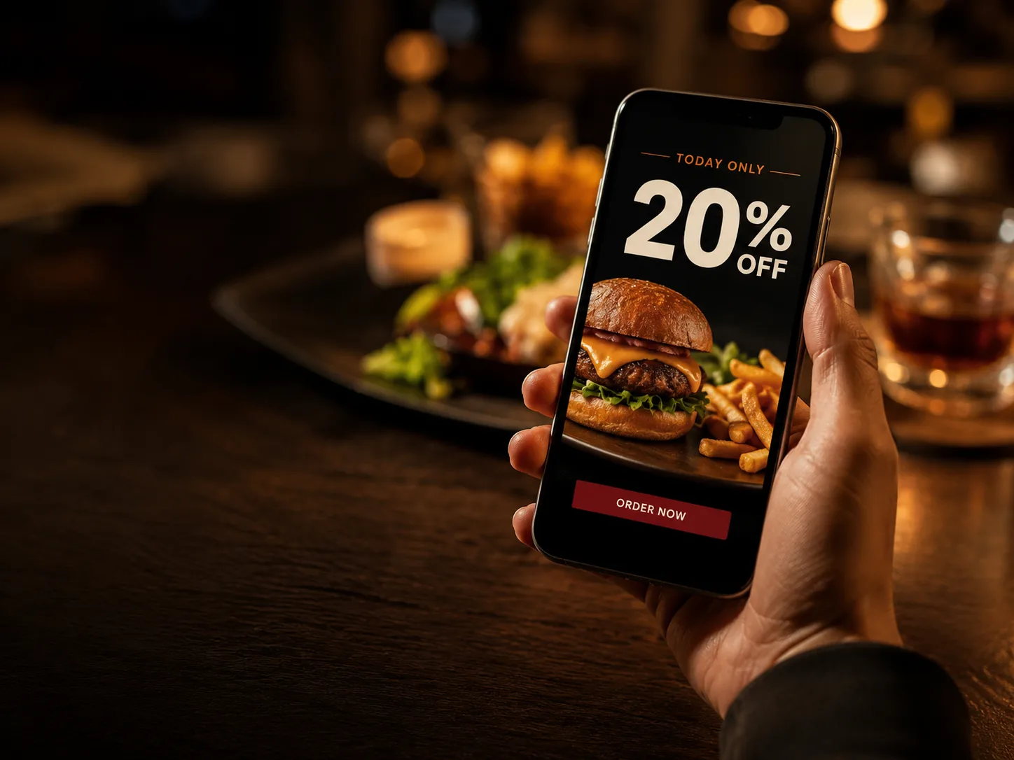 A restaurant deal displayed on a phone beside food