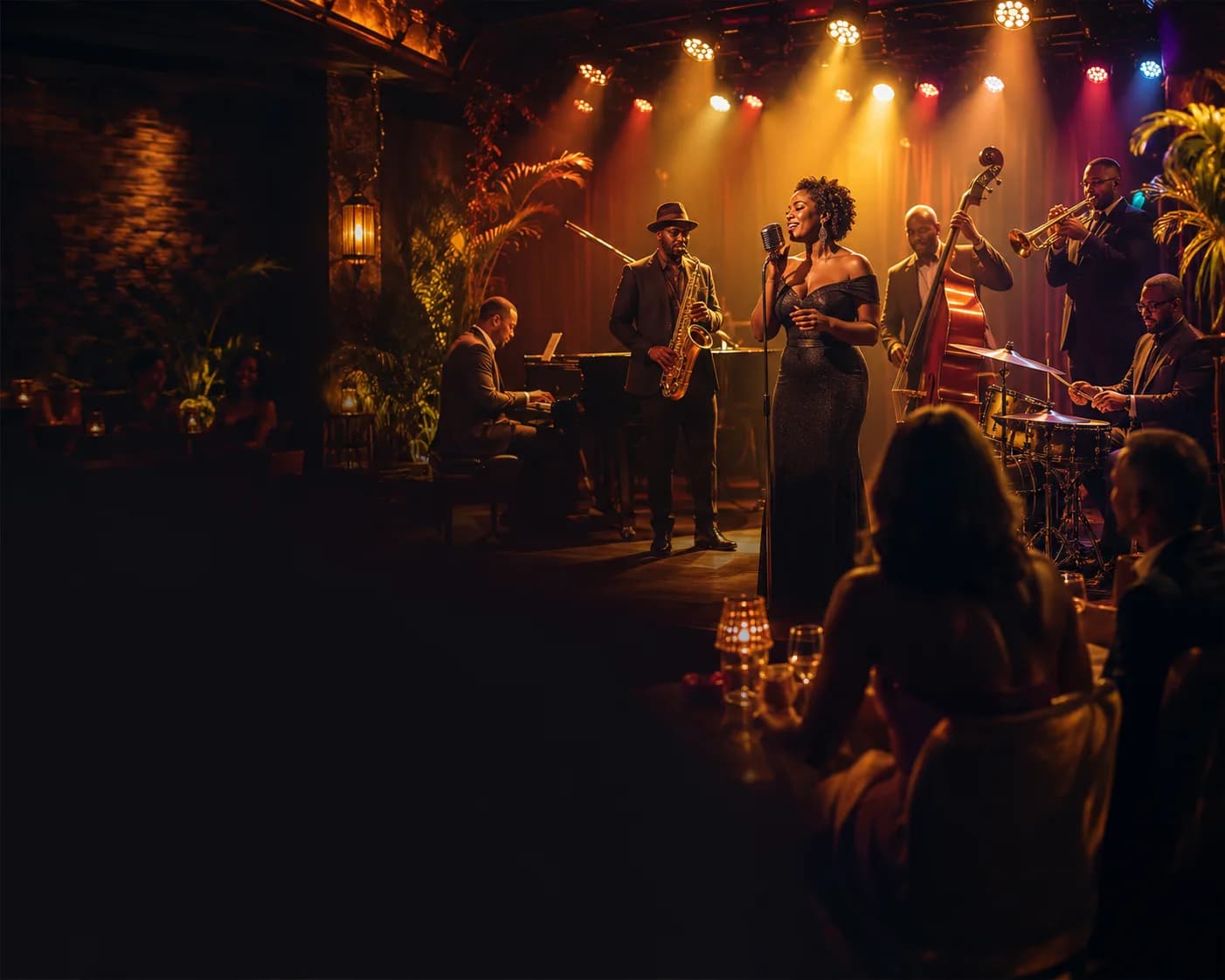 A live musician performing under bright stage lights