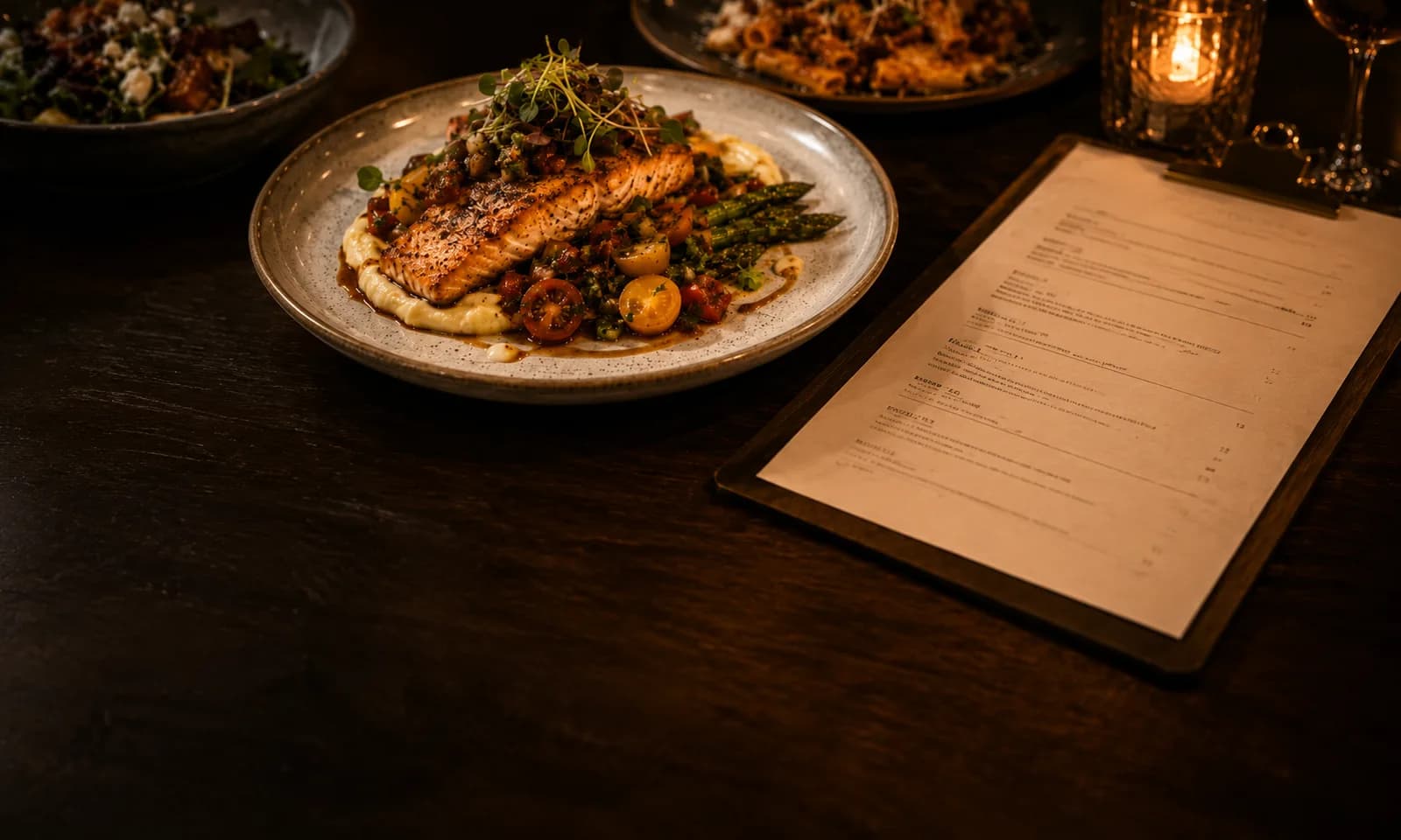 A plated restaurant dish displayed beside a printed menu