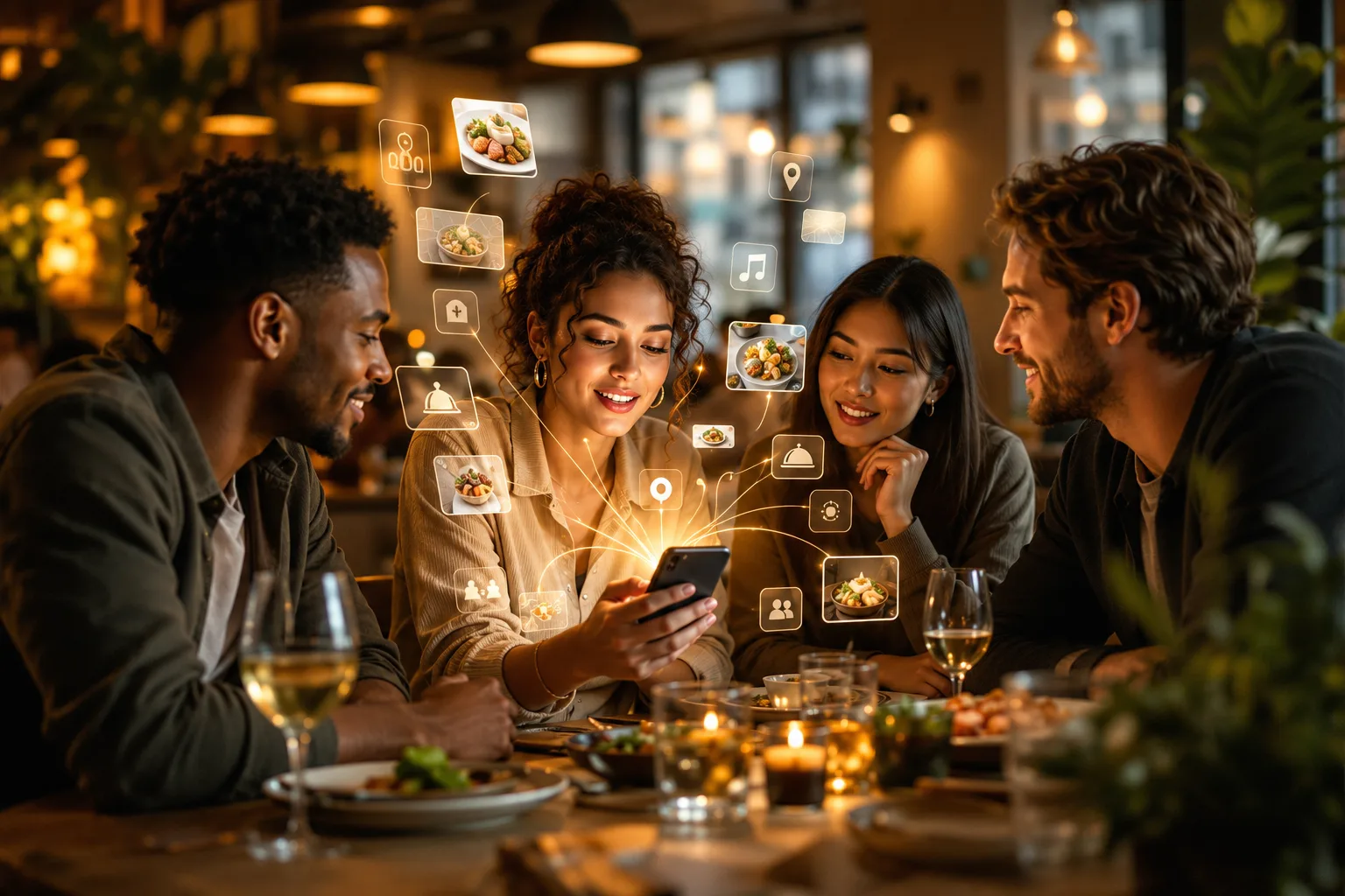 Friends enjoying food together at a restaurant