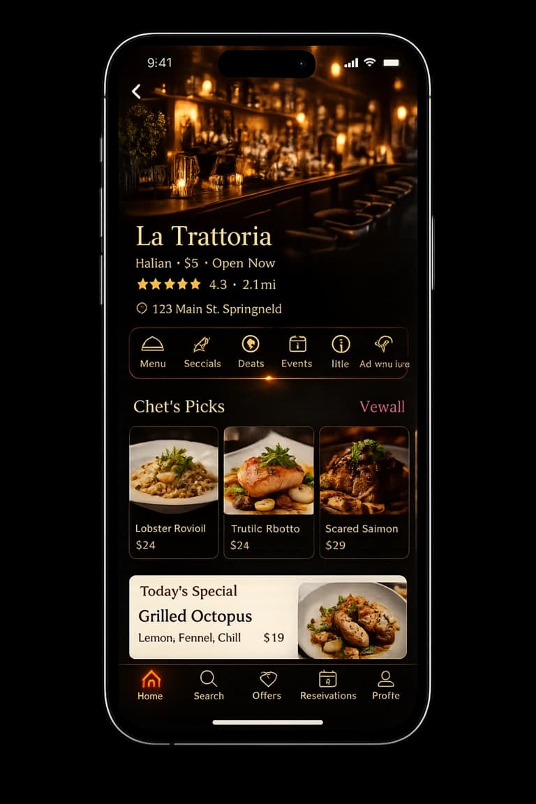 Menu Venu restaurant profile shown in the mobile app