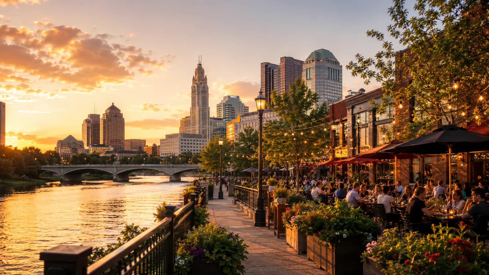 Columbus skyline, riverfront, and restaurant district at sunset
