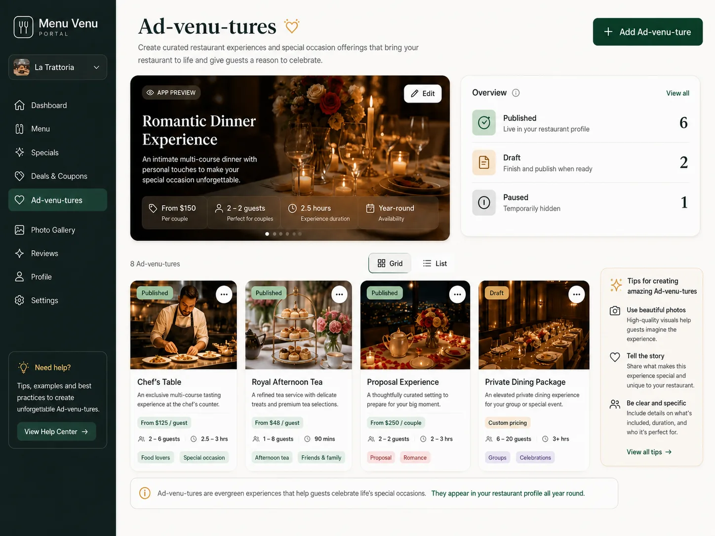 Menu Venu restaurant portal menu editor